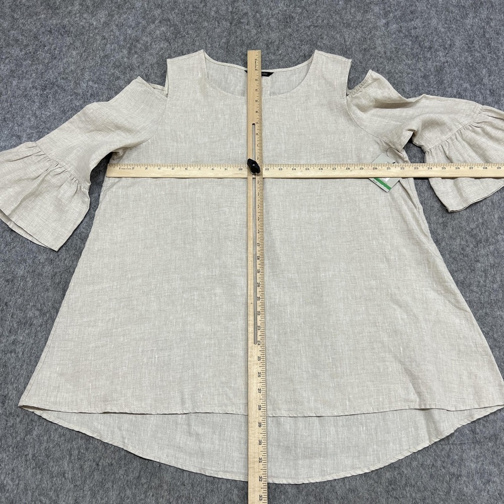 John Mark Blouse Womens L Beige Linen Cold Shoulder 3/4 Bell Sleeve Tunic Top - Picture 11 of 16
